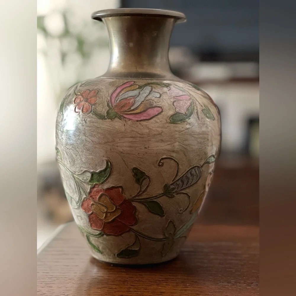 Brass Vase Painted Cloissan Floral Unbranded 9